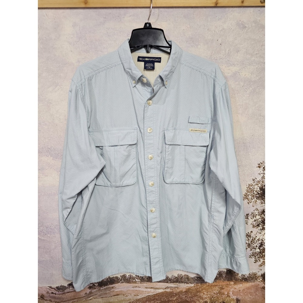 Mens Buzz Off ExOfficio Insect Shield Button Up Long Sleeve Shirt Sz Medium Blue